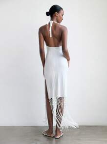 Maija Women's White Ivory V-Neck Fringed Pendant Hem Spring&Summer Bohemian Chic Elegant Vacation Holiday Autumn Fitted Tie-Up Maxi Knitted Dress - White - View 1