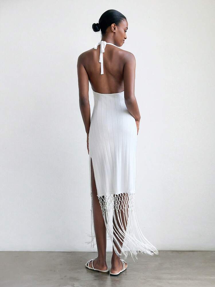 SHEIN Maija 女性用 アイボリー Vネック フリンジペンダントヘムスプリング&サマーボヘミアンシックホリデーロマンチックな快適なVネックタイアップノースリーブフリンジヘムデザインマキシニットドレス