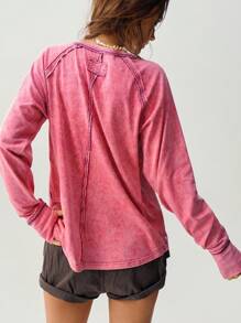 Bohemela 女士休闲纯色针织宽松圆领长袖 T 恤 - 紫色 - 查看 2