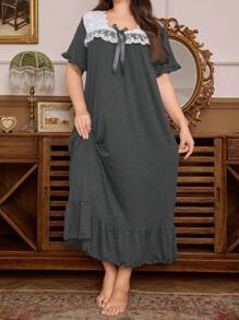 SHEIN 复古法式宫廷风格透明网眼蕾丝拼接柔软牛奶丝大码休闲长裙、舒适家居裙、Moo Moo 睡裙 - 深灰色 - 查看 6