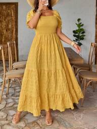 EMERY ROSE Plus Size Women Woven Regular Spring/Summer Vacation Square Neck Short Sleeve Cinched Waist Yellow Dress