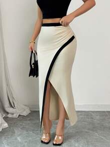 Selianne Damen eleganter, geraffter asymmetrischer Bodycon Rock mit hohem Schlitz und Kontrastfarben, dehnbar