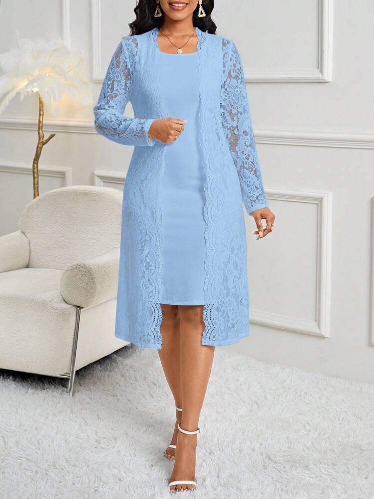 SHEIN Lady Robes longues élégantes en dentelle tricotée blanche pour grandes tailles, assortiments grande taille pour l'automne et l'hiver - Bleu azur - Voir 1