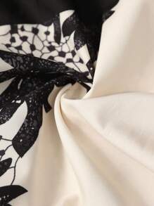 SHEIN Tall CURVE Plus Size Women V-Neck Ruffle Button Decorated Slimming Waist Print 3/4 Sleeve Asymmetrical Elegant Blouse