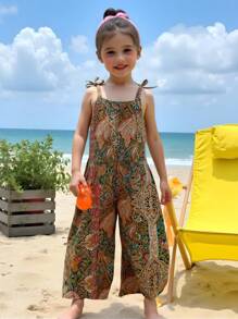 SHEIN Young Girl Paisley Flower Print Wide Leg Loose Jumpsuit