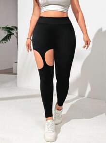 SHEIN EZwear Colanți de damă cu scobituri în carouri, culoare uni, mărime plus, pentru purtare zilnică