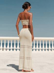 Swim Chiccia Women 2pcs Summer Beach Outfits - White Swimsuit, Crochet Hollow Mesh Coverup Bikini And Skirt Set - Beige - View 2