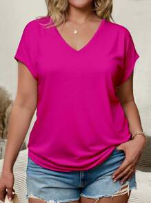 SHEIN LUNE Maglietta casual e versatile da donna, con scollo a V, maniche corte, tinta unita, taglie comode