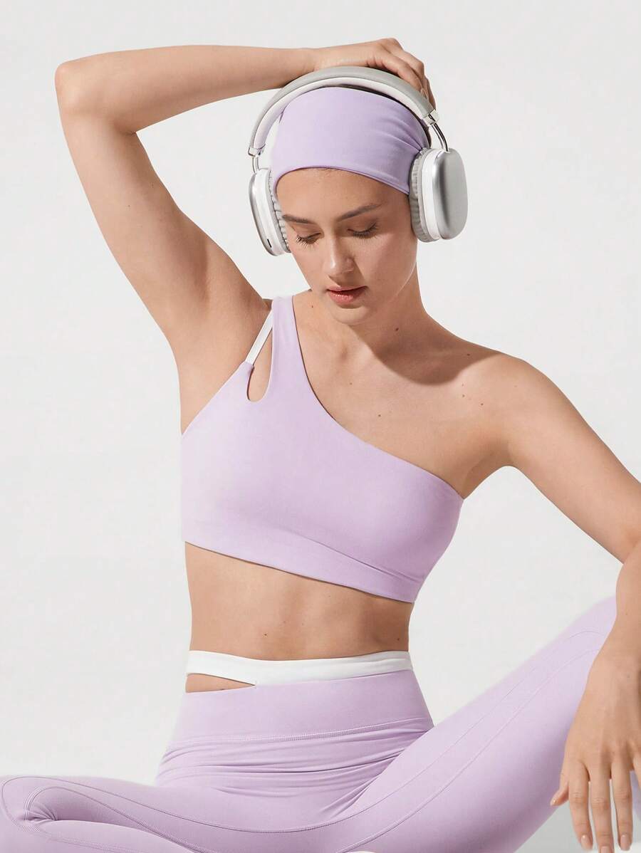 GLOWMODE FeatherFit™ Center Stage One Shoulder Spaghetti Straps Removable Cups Sports Bra Low Impact Yoga Pilates Barre Studio Daily Casual Wear - Mauve Purple - View 1