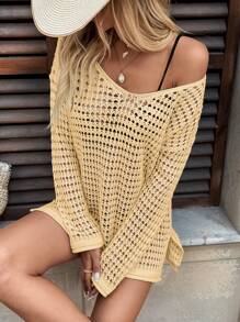 LanaWest V-Neck Loose Beach Cover-Up With Side Slit For Summer Beach Vacation - Yellow - View 7