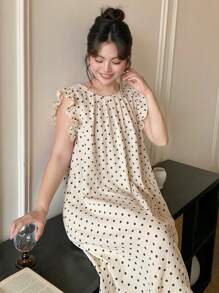 Dazy Plus Plus Size Patchwork Ruffle Trim Polka Dot Long Nightgown, Cute Home Sleepwear Women Nighty ,Vacation
