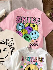 SHEIN Leap Crew Tween Girls Casual Round Neck Short Sleeve T-Shirt, 3pcs Pack, Suitable For Summer