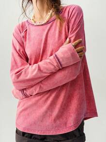 Bohemela 女士休闲纯色针织宽松圆领长袖 T 恤 - 紫色 - 查看 6