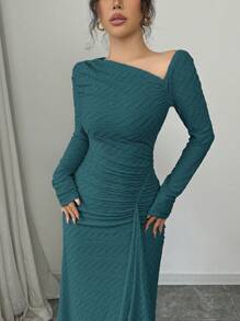 Elenzga 女士优雅时尚办公室淑女魅力长袖不对称领抽绳腰部褶皱下摆纯色纹理针织长裙 - 水鴨藍 - 查看 7