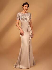 Serin Elegant, Luxurious Beaded & Sequin Embellished Satin Ruffle Hem High Slit Fishtail Skirt, Suitable For Weddings, Parties, Vacations, Galas, Bridal Mother Of The Bride Dress - Champagne - View 1