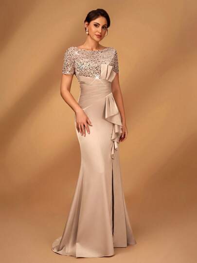 Serin Elegancka, luksusowa, zdobiona koralikami i cekinami satynowa spódnica z falbanką i wysokim rozcięciem w kształcie ryby, odpowiednia na wesela, imprezy, wakacje, gale, suknia dla matki panny młodej