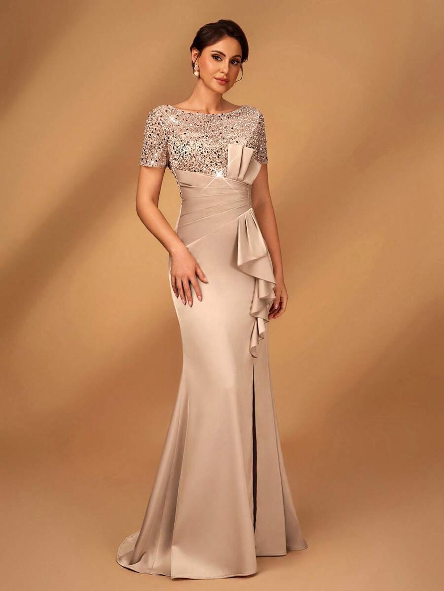 Serin Elegant, Luxurious Beaded & Sequin Embellished Satin Ruffle Hem High Slit Fishtail Skirt, Suitable For Weddings, Parties, Vacations, Galas, Bridal Mother Of The Bride Dress - Champagne - View 1