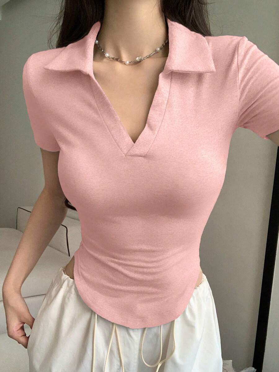 DAZY 新款春夏女款白色 Polo 领短袖 T 恤 - 粉色 - 查看 1