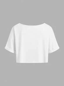 SHEIN EZwear 2pcs/Set Women's Loose Knitted One-Shoulder T-Shirt - Black and White - View 4