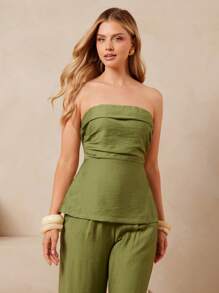 L'Amorae Women Summer Vacation Casual Solid Color Strapless Crop Top - Green - View 3