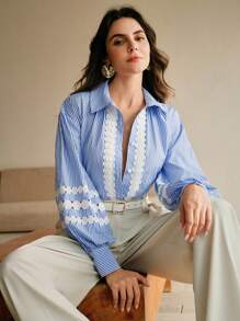 Anewsta Nueva camisa de oficina azul a rayas de estilo retro