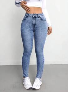 SHEIN Tall 女士牛仔裤 紧身弹力长裤 蓝色高腰 女士牛仔裤 慢跑裤 女士牛仔裤 女士牛仔裤 女士牛仔裤 女士裤子 蓝色牛仔裤 高腰牛仔裤 - 中等水洗藍 - 查看 6