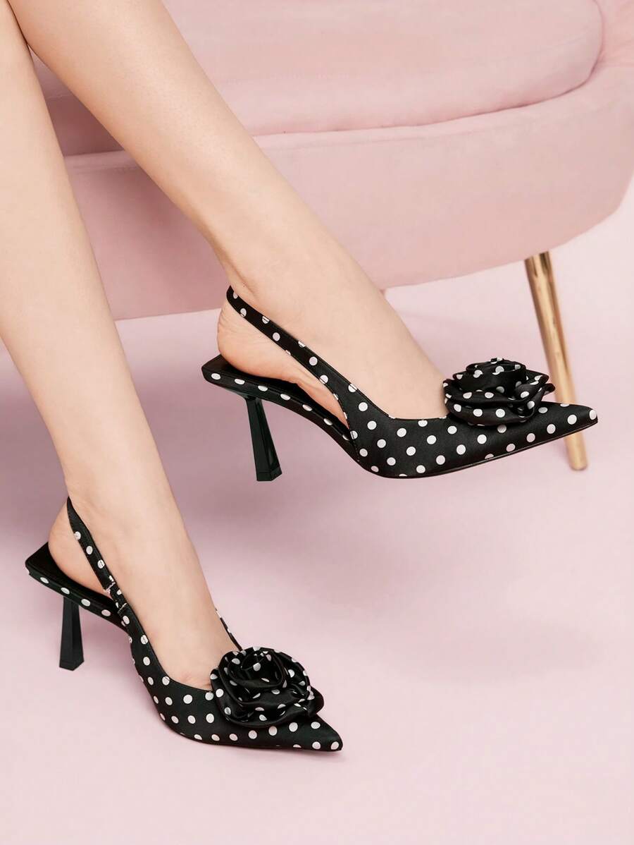CUCCOO DOLLMOD Elegant Polka Dot Fabric High Heel Pumps, Suitable For Commute And Vacation For Christmas - Black and White - View 1