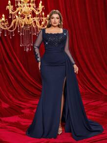 Glamrae 加大码香槟金色优雅金银线奢华刺绣拼布蓝色褶皱手工装饰披肩，正式晚礼服 - 藏蓝色 - 查看 3