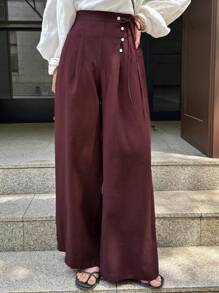 FRIFUL Women High Waisted Wide Leg Cropped Pants, Business Style, Spring/Summer Linen - Red Violet - View 6