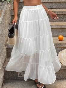 Livesso Plus Size Women Solid Color High Waist Slimming Skirt - White - View 1