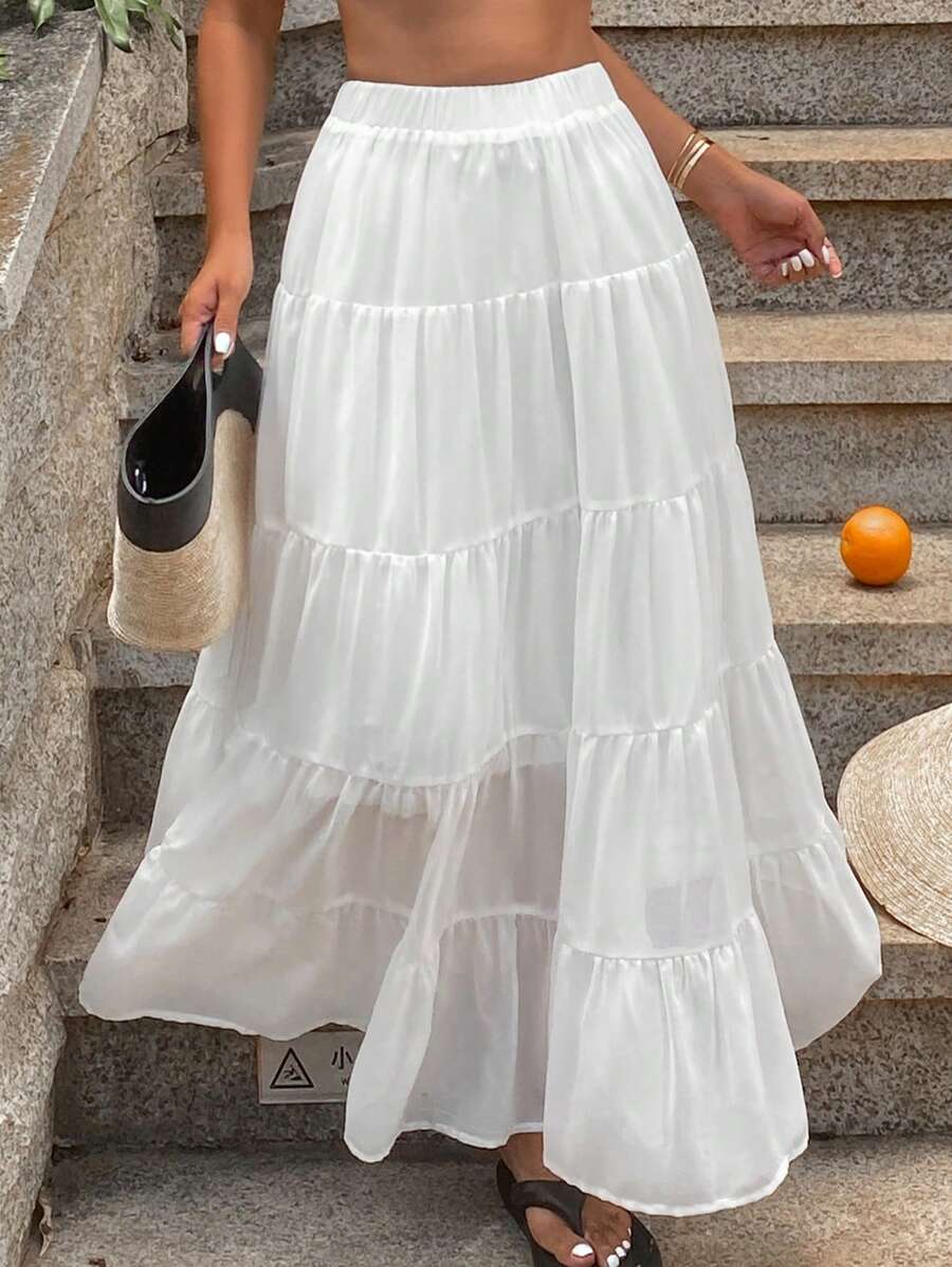 Livesso Plus Size Women Solid Color High Waist Slimming Skirt - White - View 1