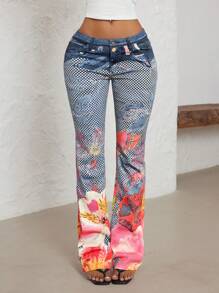 SHEIN ICON 夏季大码修身时尚休闲印花喇叭裤