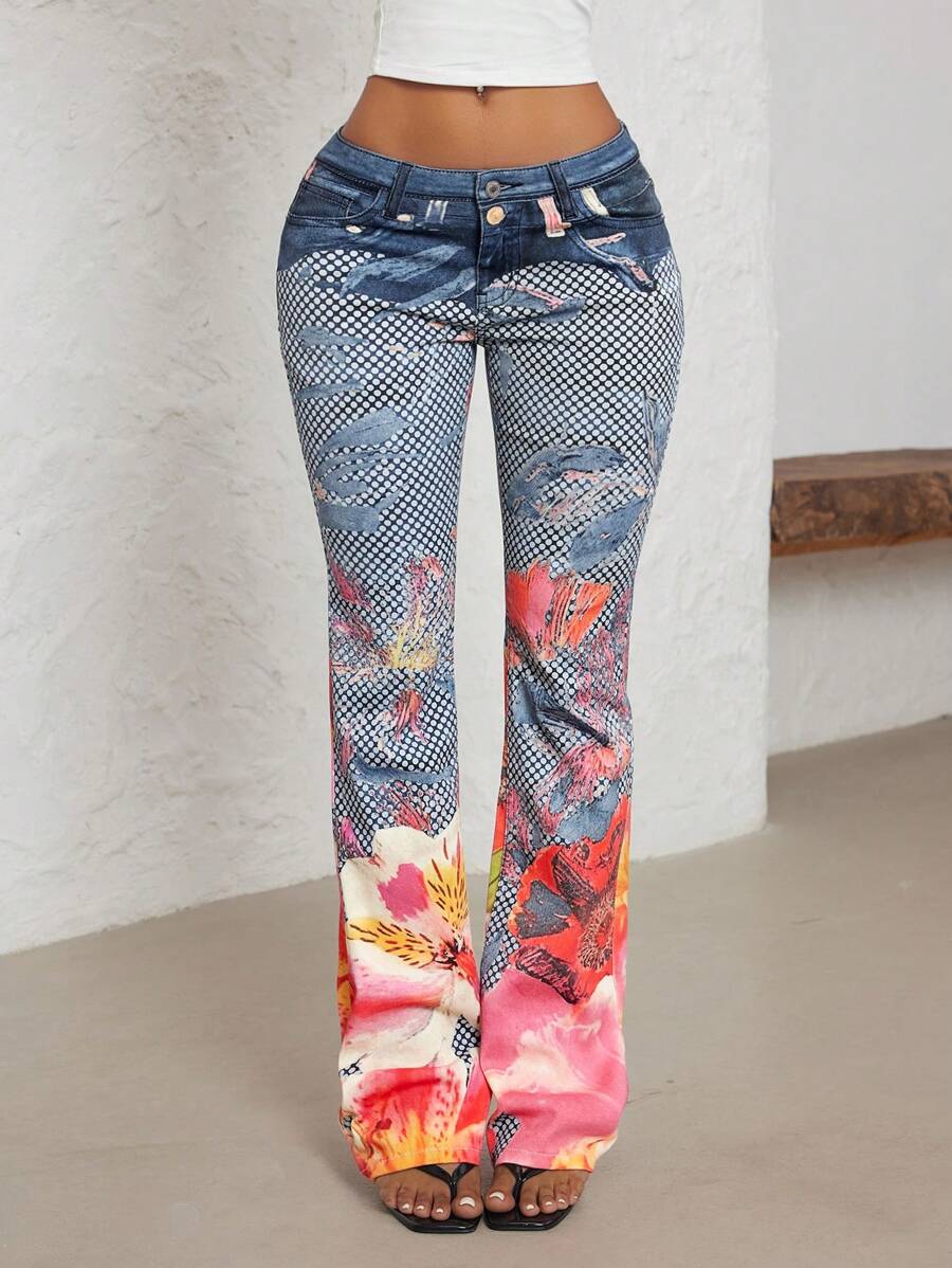 SHEIN ICON 夏季大码修身时尚休闲印花喇叭裤