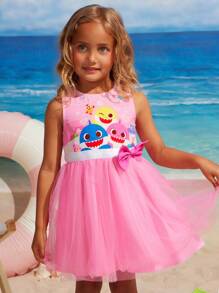 BABY SHARK X SHEIN 少女卡通彩色鲨鱼与海洋图案粉色可爱甜美蝴蝶结无袖连衣裙 - 彩色 - 查看 3