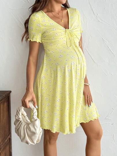 SHEIN Maternity Ditsy Floral Ruffle Knot Lettuce Hem Short Dress, Summer Yellow