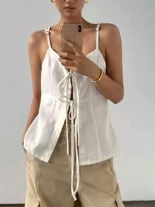 DAZY Top de tirantes atados de unicolor de mezclilla para mujer, verano - Beis - Ver 5