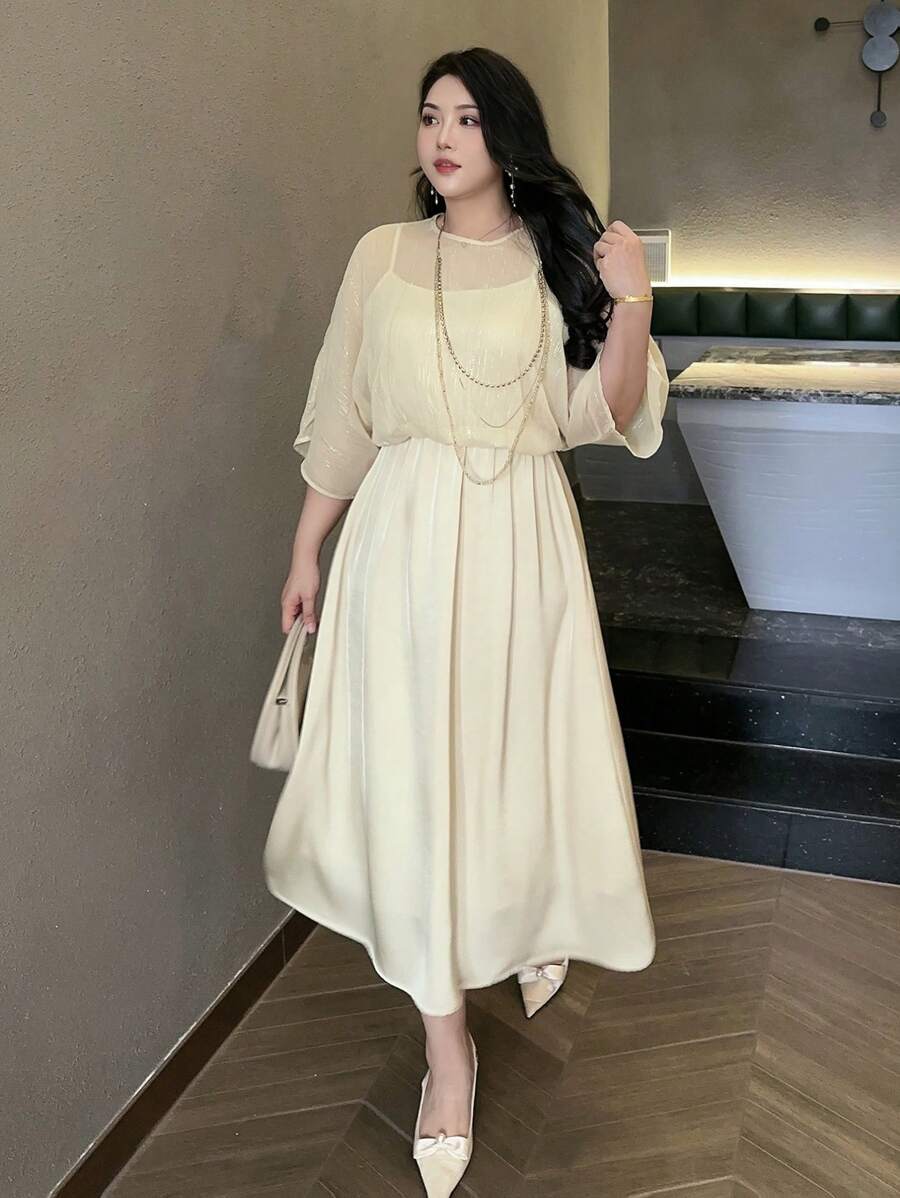 Dazy Plus Vestido largo elegante con superposición de tirantes de malla