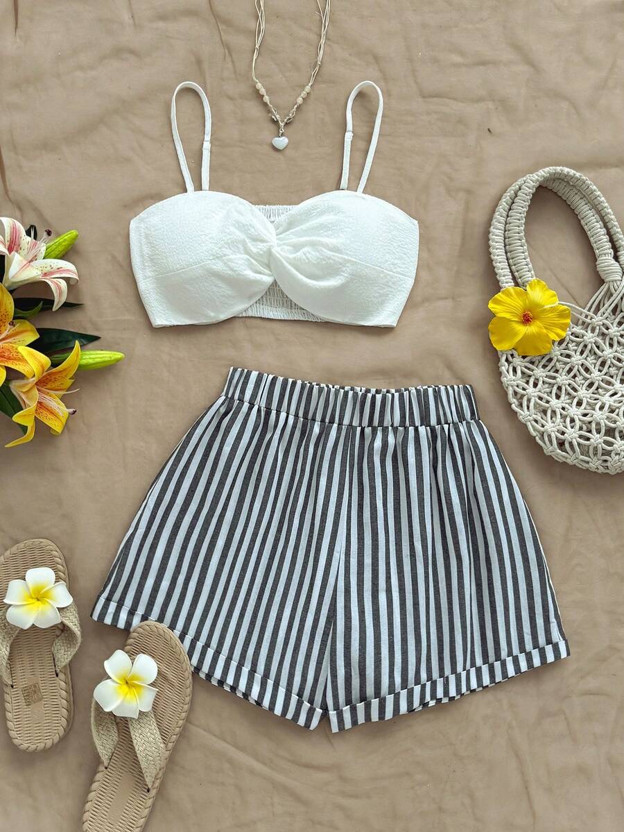 Soleia 2 件女士度假吊带背心和高腰条纹短裤套装，蓝白拼色，适合音乐节、波西米亚风格、假期和休闲下午茶 - 黑與白 - 查看 1