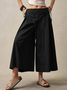 Bohemela 女度假高腰抽绳阔腿裤纯棉半身裙女长裙阔腿裙裤裙女半身裙 - 黑色 - 查看 4