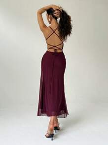 Aloruh Romantic Asymmetrical Halter Big Backless Tie Maxi Mesh Dress For Women, Pink & Purple Summer Outfits For Women,Bodycon Dress - Red Violet - View 3