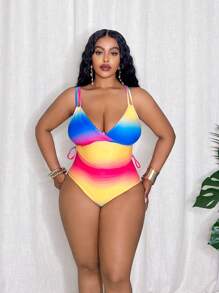 Slaydiva Conjunto de bikini de talla grande para mujer con parte superior con cordón y Bottom triangular estampados con degradado de color, para verano - Multicolor - Ver 1
