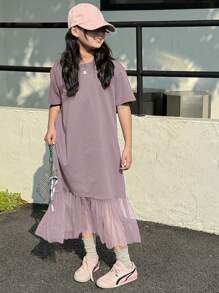 Dazy Kids Tween Girls Round Neck Patchwork Net Yarn Short Sleeve Dress, Summer