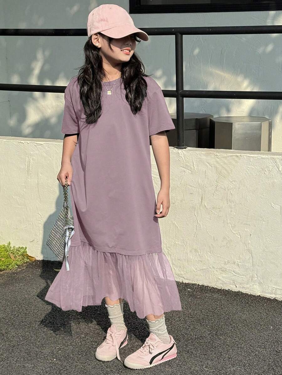 Dazy Kids Tween Girls Round Neck Patchwork Net Yarn Short Sleeve Dress, Summer