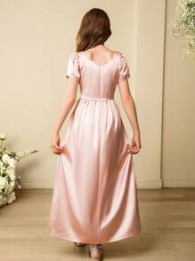 SHEIN 女童泡泡袖方领连衣裙，柔粉色飘逸公主裙，适合儿童婚礼、宾客、伴娘、生日仪式 - 粉色 - 查看 2