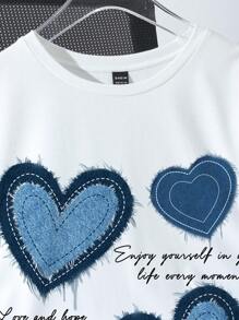 SHEIN EZwear 休闲心形图案宽松圆领短袖 T 恤，女式，略显透明，夏季