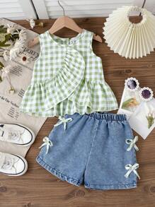 SHEIN Bộ áo ba lỗ bèo nhún không tay họa tiết gingham và quần short denim giản dị mùa hè cho bé gái - Nhiều màu - Xem 5