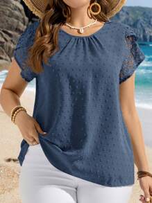 EMERY ROSE Plus Size Women Round Neck Short Sleeve Casual Blouse Summer Tropical Vacation Modest Top For Beach - Blue - View 7