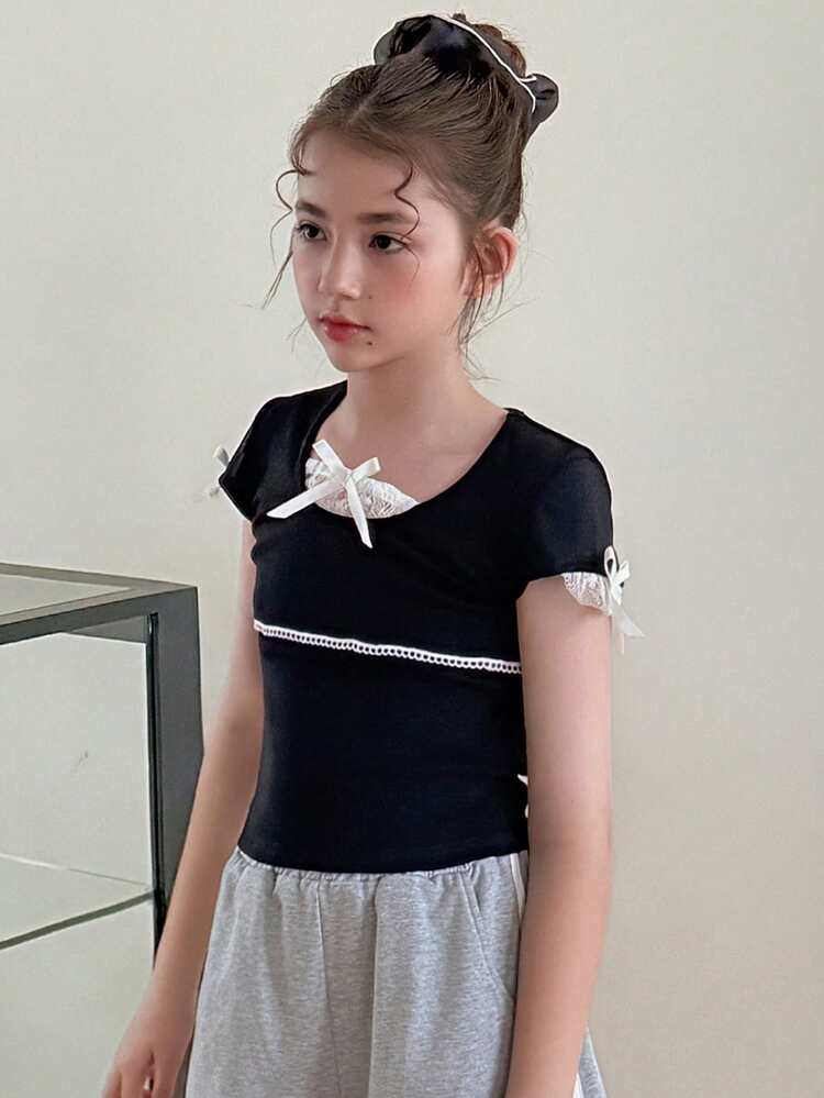 Tween Girls Lace Patchwork Bow Decor Short Sleeve T-Shirt, Summer,Back To School Clothes