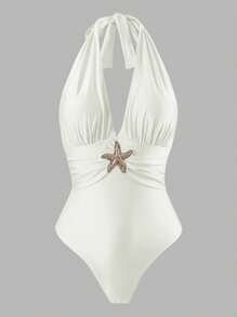 Swim Oasis Đồ bơi một mảnh vải bóng màu ngà thanh lịch dành cho nữ họa tiết sao biển - trắng - Xem 3