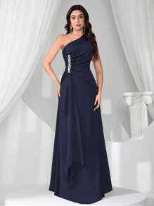 Coutiva 新款女士时尚优雅修身不对称领口无袖连衣裙、正式、派对礼服、晚礼服、婚礼宾客礼服 - 藏蓝色 - 查看 3